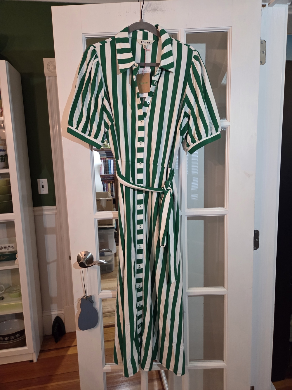 Boden Green and White Vertical Stripe Midi Shirt Dress - Size 14 - Picture 6 of 13
